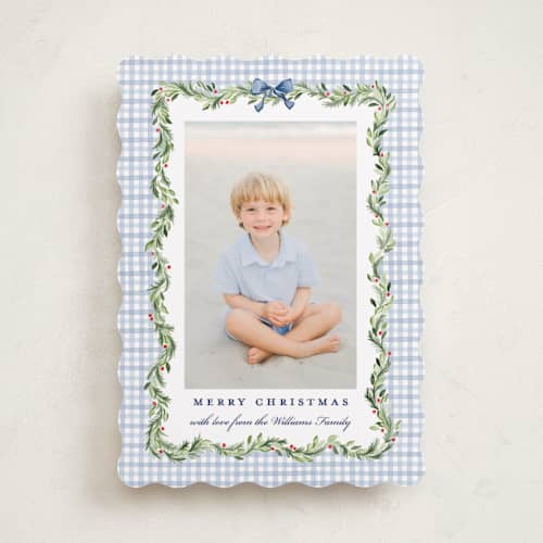 This is a chambray photo christmas cards with standard by Sarah Knight called gingham garland printing on recycled smooth signature in standard