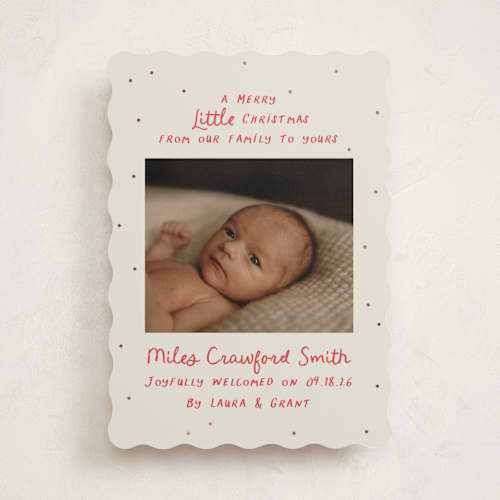 This is a holly berry babys first christmas with foil pressed by Megan Davis called little merry printing on recycled smooth signature in standard