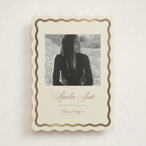 This is a buttercream graduation announcements with foil pressed by Jen Ramsey called amelia jude printing on recycled smooth signature in standard