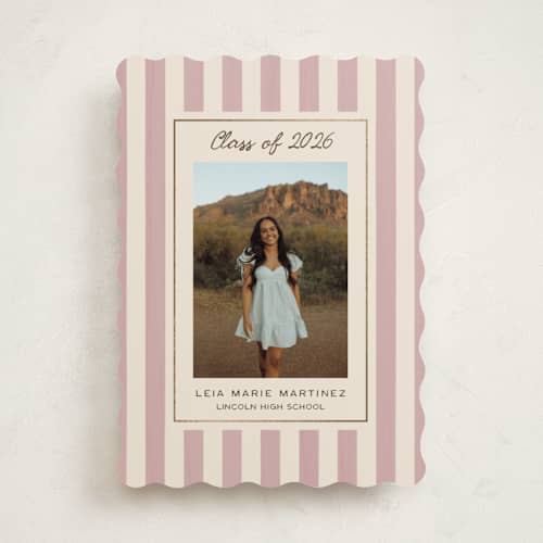 This is a blush graduation announcements with foil pressed by Ani Somi called grad stripes printing on recycled smooth signature in standard