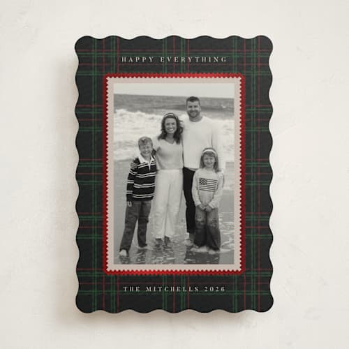 This is a evergreen foil pressed holiday cards with foil pressed by Jen Owens called plaid greetings printing on recycled smooth signature in standard