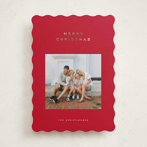 This is a santa suit foil pressed holiday cards with foil pressed by Wildfield Paper Co called cranberry printing on recycled smooth signature in standard