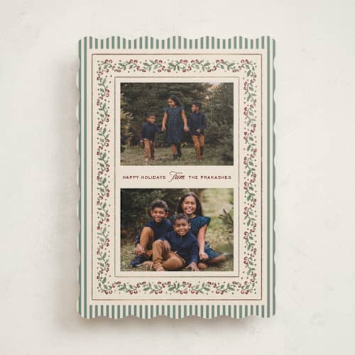 This is a juniper foil pressed holiday cards with foil pressed by Jenna Holcomb called festive vine printing on recycled smooth signature in standard
