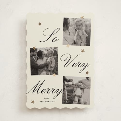 This is a champagne foil pressed holiday cards with foil pressed by Ani Somi called merry stars printing on recycled smooth signature in standard