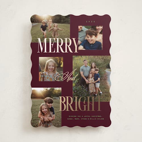 This is a merlot foil pressed holiday cards with foil pressed by Owl and Toad called collage of five printing on recycled smooth signature in standard