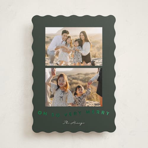 This is a forest foil pressed holiday cards with foil pressed by Kristen Knechtel called so merry waved printing on recycled smooth signature in standard