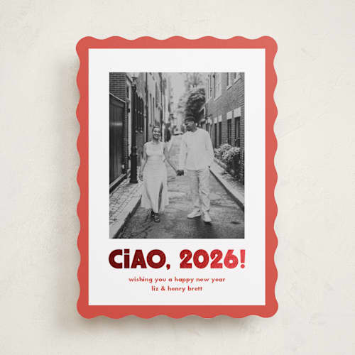 This is a tomato foil pressed holiday cards with foil pressed by Megan Davis called trattoria printing on recycled smooth signature in standard