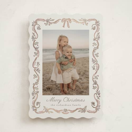 This is a rose foil pressed holiday cards with foil pressed by Chris Griffith called holiday falala printing on recycled smooth signature in standard