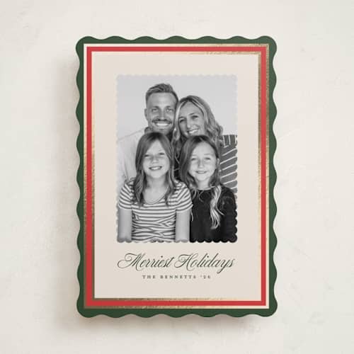 This is a spruce foil pressed holiday cards with foil pressed by Erica Krystek called festive frame printing on recycled smooth signature in standard