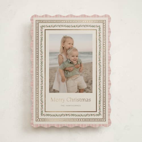 This is a vanilla foil pressed holiday cards with foil pressed by Lori Wemple called holiday pattern frame printing on recycled smooth signature in standard