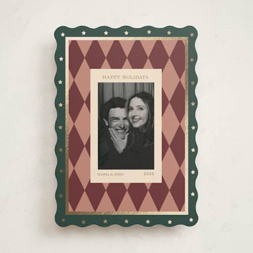 This is a forest foil pressed holiday cards with foil pressed by Rina Ozum called vintage harlequin printing on recycled smooth signature in standard