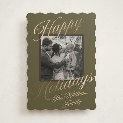 This is a pine foil pressed holiday cards with foil pressed by Robert and Stella called velour printing on recycled smooth signature in standard