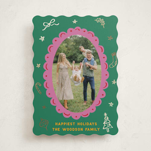 This is a elf shoes foil pressed holiday cards with foil pressed by Erica Gingrich called happiest holidays! printing on recycled smooth signature in standard