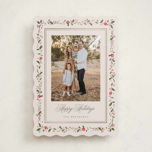 This is a cream foil pressed holiday cards with foil pressed by Erin L. Wilson called hawthorne printing on recycled smooth signature in standard