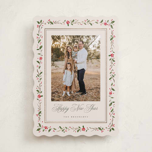 This is a cream foil pressed holiday cards with foil pressed by Erin L. Wilson called hawthorne printing on recycled smooth signature in standard