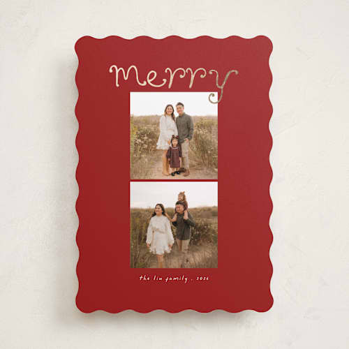 This is a holly berry foil pressed holiday cards with foil pressed by Morgan Kendall called playful letters printing on recycled smooth signature in standard
