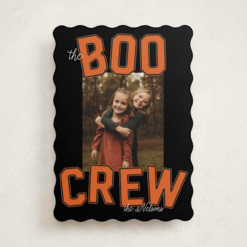 This is a pumpkin halloween party invitations cards with standard by Baumbirdy called varsity boo crew printing on recycled smooth signature in standard