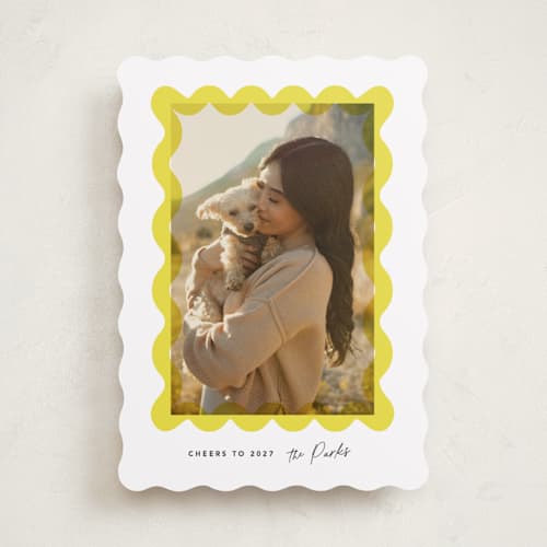 This is a halo new year photo cards with standard by Creo Study called squiggle overlay printing on recycled smooth signature in standard