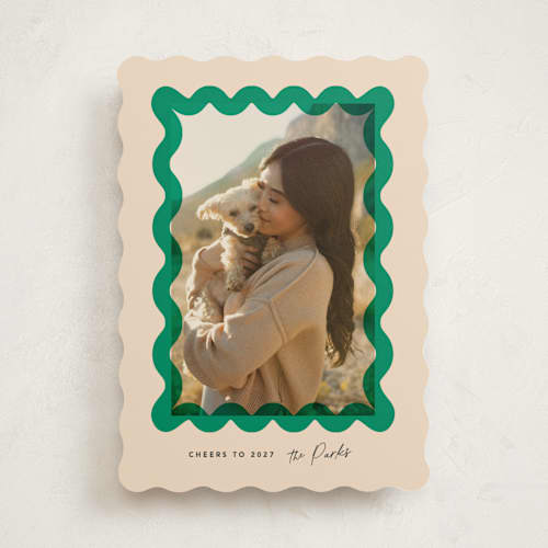 This is a elf shoes new year photo cards with standard by Creo Study called squiggle overlay printing on recycled smooth signature in standard
