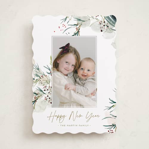 This is a sage holiday photo cards with standard by Eve Schultz called tossed printing on recycled smooth signature in standard