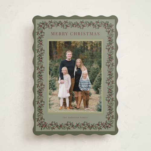 This is a olive holiday photo cards with standard by Cass Loh called winter berry frame printing on recycled smooth signature in standard