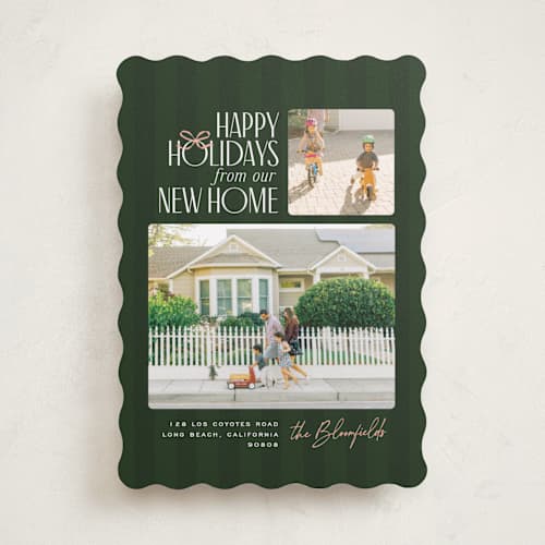 This is a evergreen holiday photo cards with standard by Owl and Toad called from our new home printing on recycled smooth signature in standard