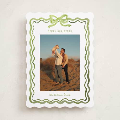 This is a sage holiday photo cards with standard by Cass Loh called watercolor ribbon frame printing on recycled smooth signature in standard