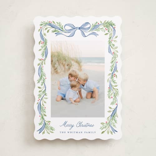 This is a coastal holiday photo cards with standard by Sarah Knight called striped bow printing on recycled smooth signature in standard