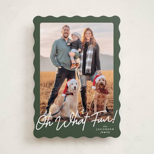 This is a forest holiday photo cards with standard by Karidy Walker called oh what fun script printing on recycled smooth signature in standard