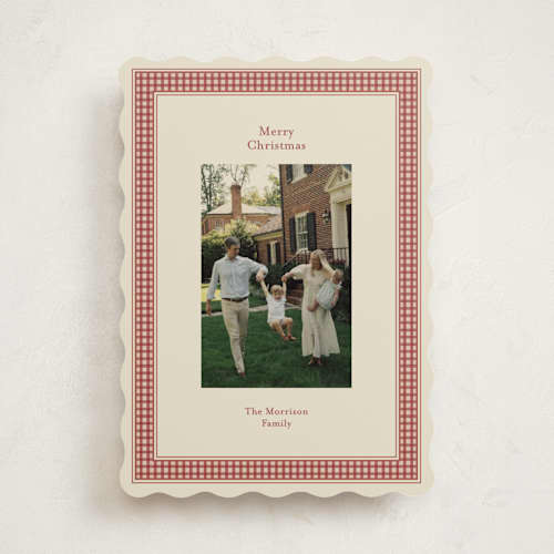 This is a cranberry holiday photo cards with standard by Ellen Schlegelmilch called gingham ribbon printing on recycled smooth signature in standard