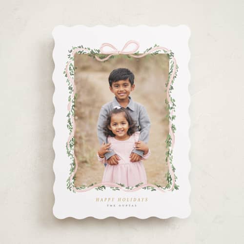 This is a blush holiday photo cards with standard by Itsy Belle Studio called ribbonly frame printing on recycled smooth signature in standard