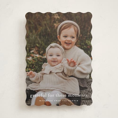 This is a powder thanksgiving cards invitations with standard by Sara Hicks Malone called grateful moments printing on recycled smooth signature in standard