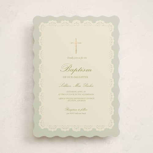 This is a sage baptism and christening announcements with foil pressed by Rina Ozum called vintage lace printing on signature in standard