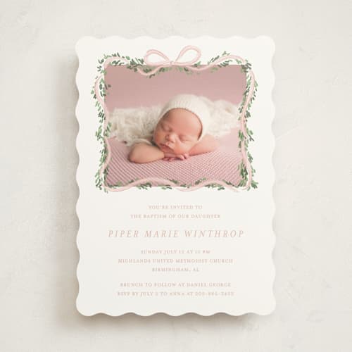 This is a blush baptism and christening announcements with standard by Itsy Belle Studio called ribbonly frame printing on signature in standard