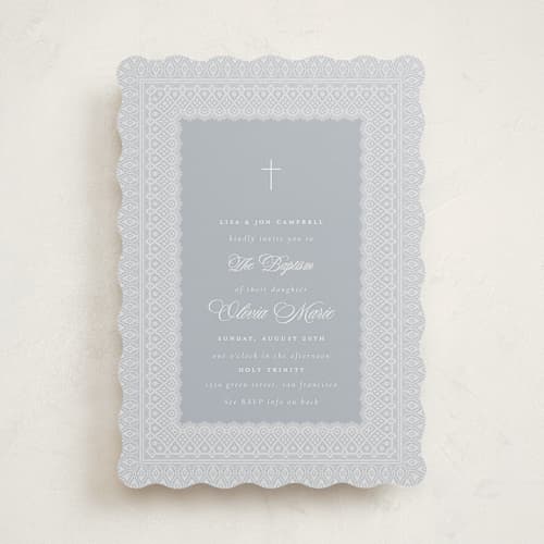 This is a powder baptism and christening announcements with standard by Simona Camp called framed in lace printing on signature in standard