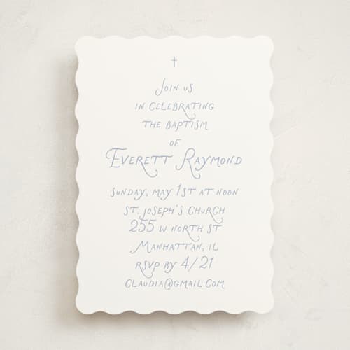 This is a periwinkle baptism and christening announcements with standard by Baumbirdy called note printing on signature in standard