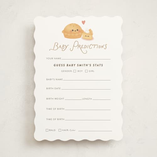 This is a tan baby shower game activity cards with standard by Itsy Belle Studio called cutie pie printing on signature in standard