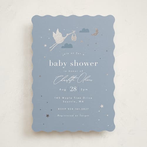 This is a bluebell foil stamped baby shower invitations with foil pressed by Hudson meet Rose called special delivery printing on signature in standard