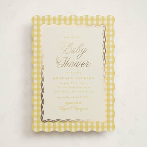 This is a lemonade foil stamped baby shower invitations with foil pressed by Brianne Larsen called scalloped gingham printing on signature in standard