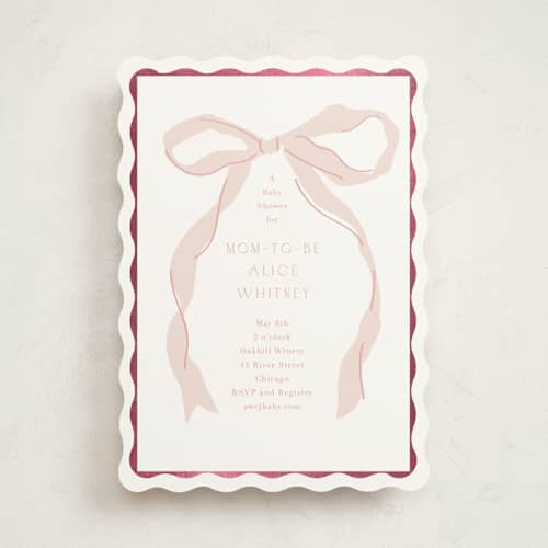 This is a blush foil stamped baby shower invitations with foil pressed by Baumbirdy called framed bow printing on signature in standard