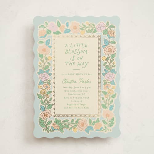 This is a sky foil stamped baby shower invitations with foil pressed by Creo Study called vintage blossom printing on signature in standard
