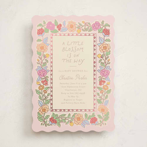 This is a rose foil stamped baby shower invitations with foil pressed by Creo Study called vintage blossom printing on signature in standard