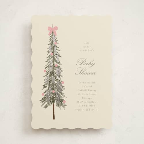 This is a peony foil stamped baby shower invitations with foil pressed by Baumbirdy called holiday bow printing on signature in standard