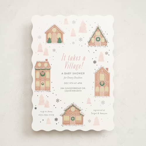 This is a blush foil stamped baby shower invitations with foil pressed by Itsy Belle Studio called gingerbread village printing on signature in standard
