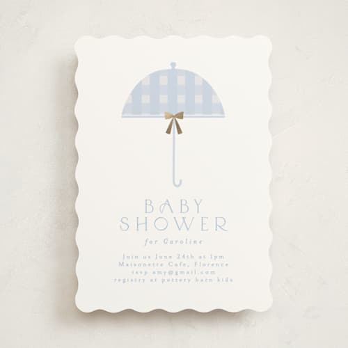 This is a sky foil stamped baby shower invitations with foil pressed by Angela Thompson called plaid brolly printing on signature in standard