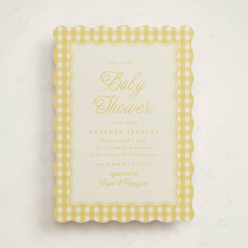 This is a lemonade baby shower invitations with standard by Brianne Larsen called scalloped gingham printing on signature in standard