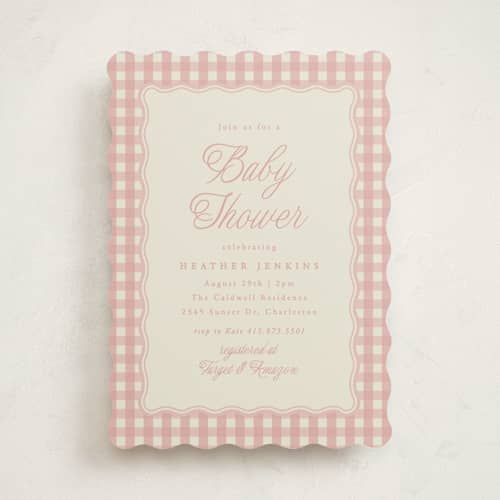 This is a cherry blossom baby shower invitations with standard by Brianne Larsen called scalloped gingham printing on signature in standard