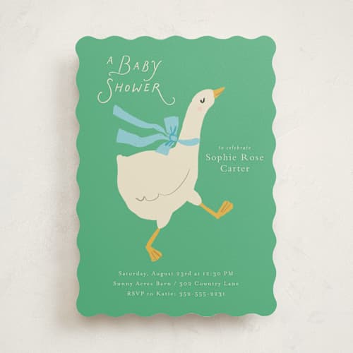 This is a sage baby shower invitations with standard by Lori Wemple called goose printing on signature in standard