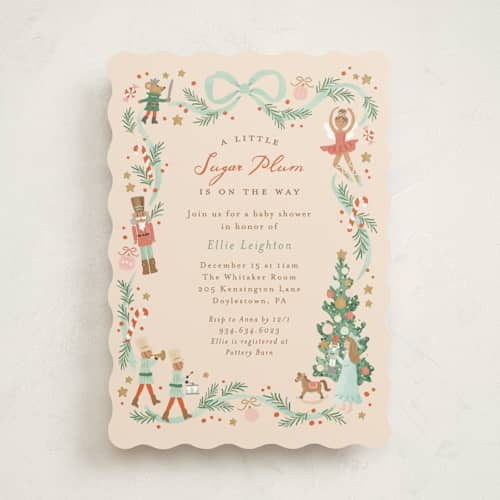 This is a cream baby shower invitations with standard by Jennifer Wick called little sugar plum printing on signature in standard