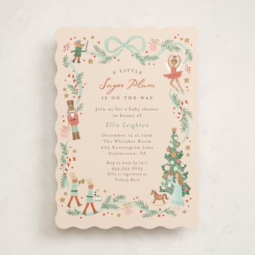 This is a cream baby shower invitations with standard by Jennifer Wick called little sugar plum printing on signature in standard